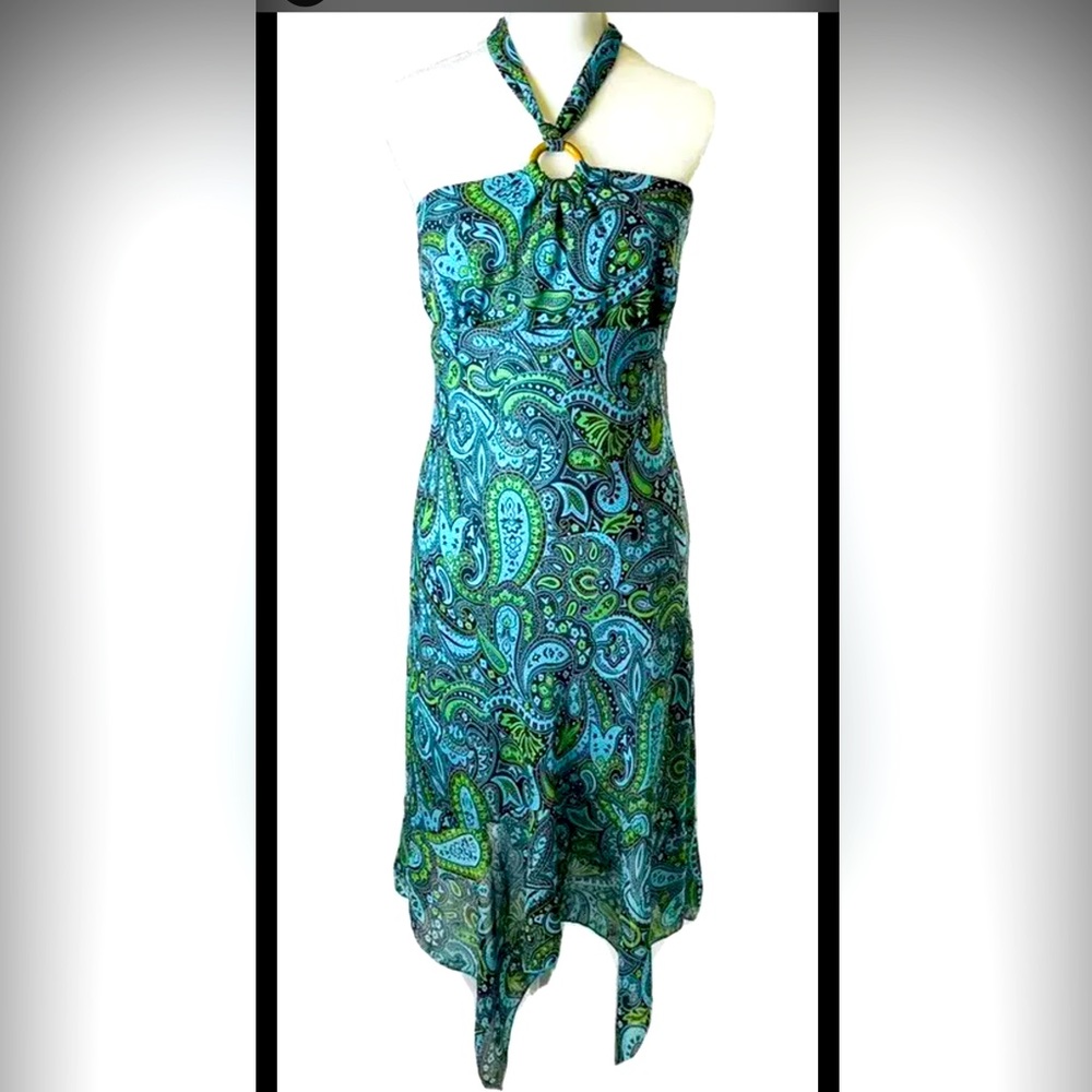 VTG CaliforniaGrown Halter tie back turquoise paisley print dress Sz LG EUC Boho